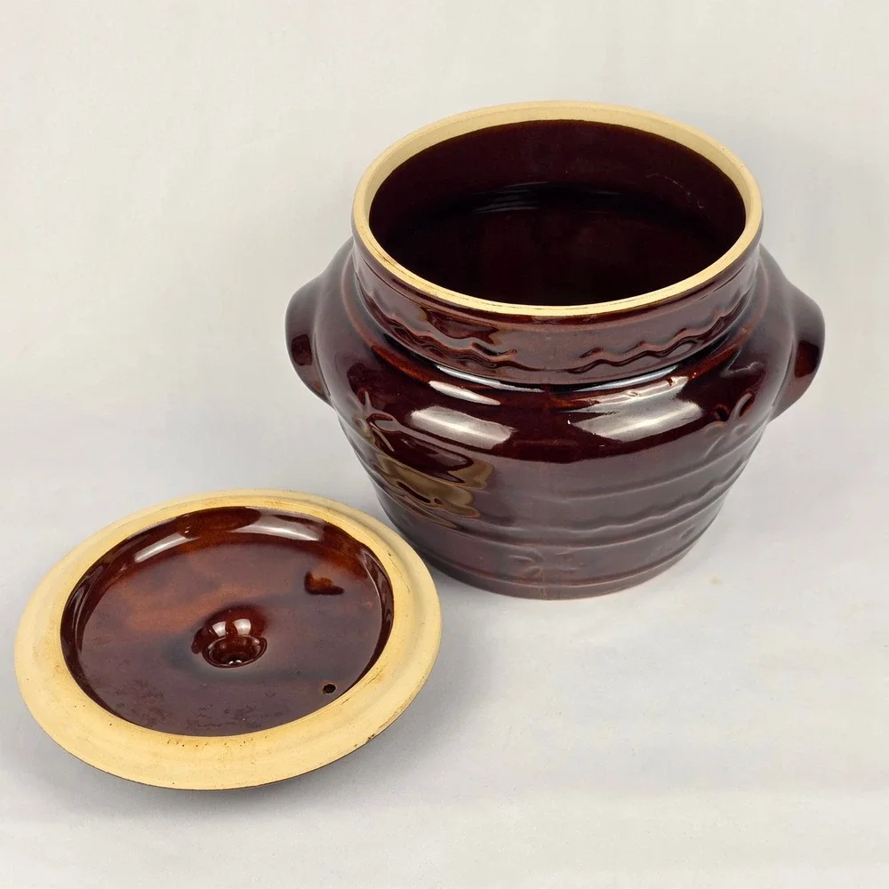 MAR CREST Vtg Crock Pot Oven‎ Proof Stoneware with Lid Brown 2 Handles Bean Pot